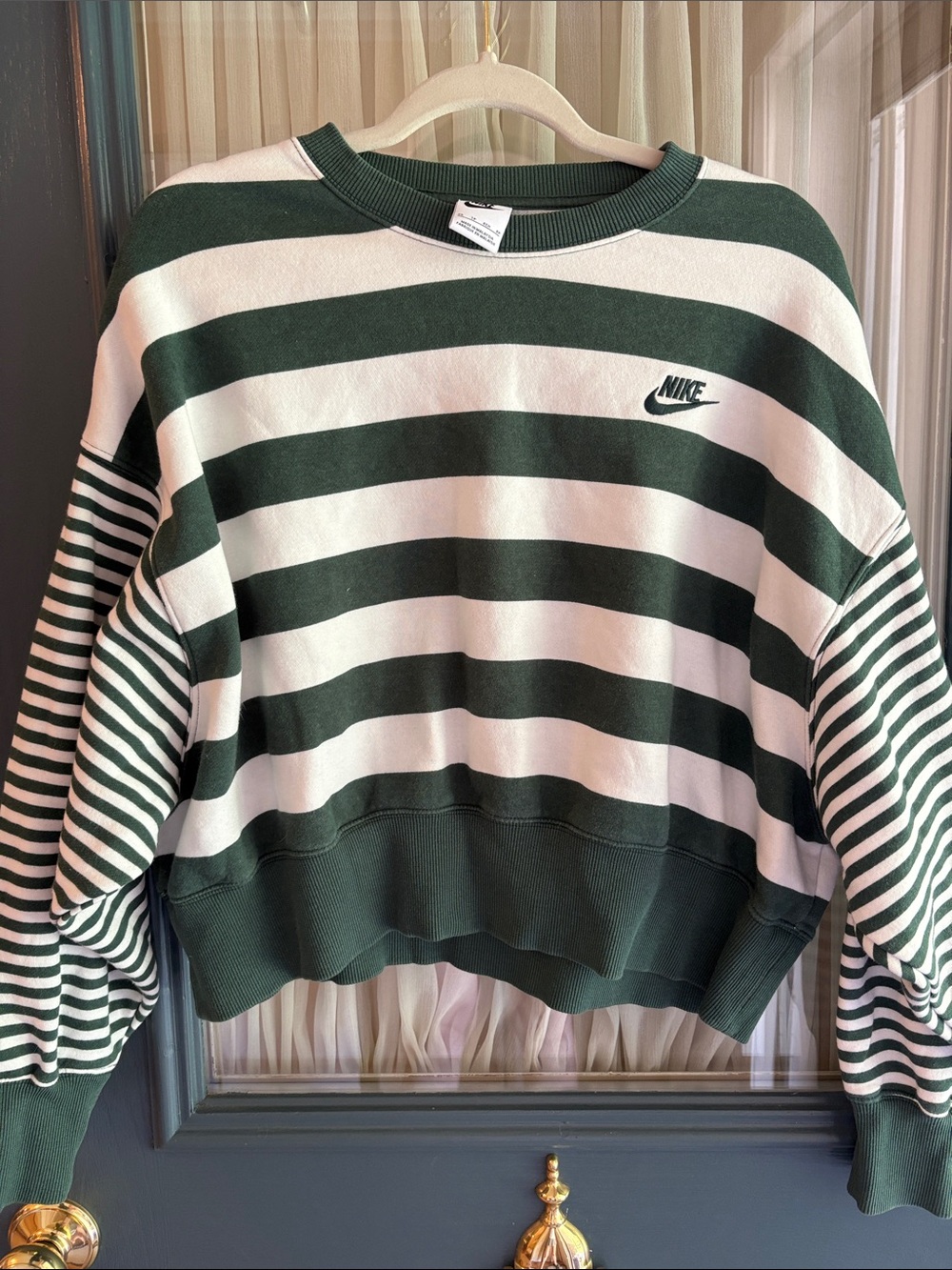 Nike Striped Crewneck Sweater in Forest Green and White